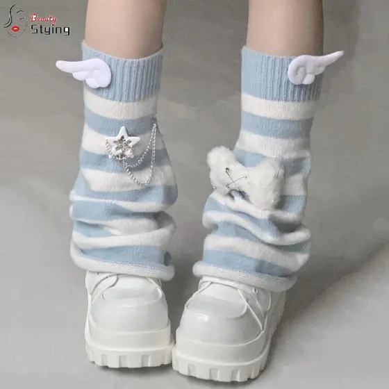 Aquecedores De Pernas GERYRUD , Meias Harajuku Com Listras Azuis E Brancas Originais Desleixadas Estilo Japonês Asas