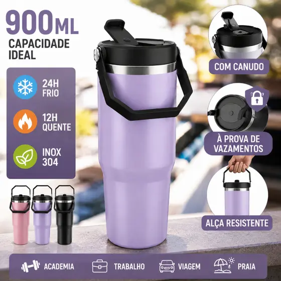 Garrafa Térmica Inox 900ml com Alça, Tampa Antivazamento, para Academia, Trabalho, Viagem e Bebidas Quentes e Frias