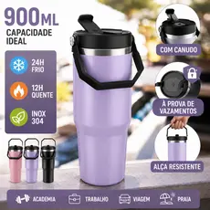Garrafa Térmica Inox 900ml com Alça, Tampa Antivazamento, para Academia, Trabalho, Viagem e Bebidas Quentes e Frias