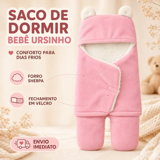 Saco de Dormir Bebê Ursinho com Sherpa e Velcro Quentinho Enxoval Inverno Perninhas Separadas