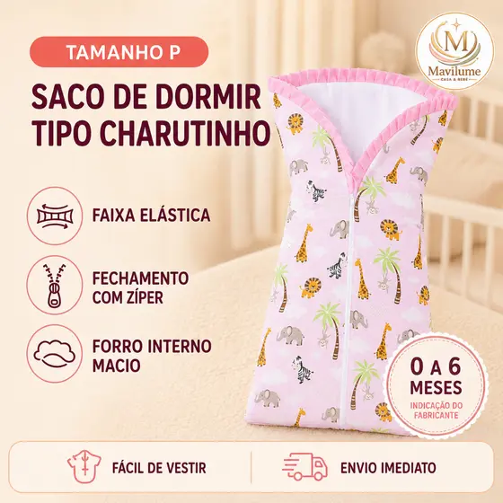 Saco de Dormir para Bebê Menina Tipo Charutinho Estampado com Elástico e Fechamento em Zíper Enxoval