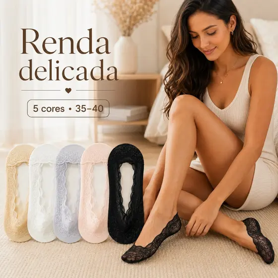 Kit 6 Pares Meia Invisível Feminina Renda Sapatilha Macia