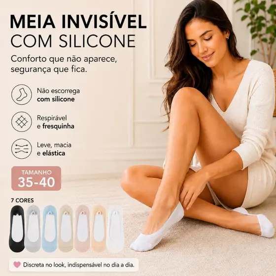 Kit 6 Pares Meia Invisível Feminina Sapatilha Com Silicone