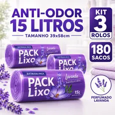 Kit 3 Rolos Saco De Lixo 15L Perfumado Lavanda 180 Sacos Para Cozinha Banheiro Casa