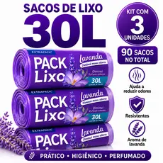 Kit 3 Rolos Saco de Lixo 30L Lavanda Perfumado Reforçado Anti Odor 59x62