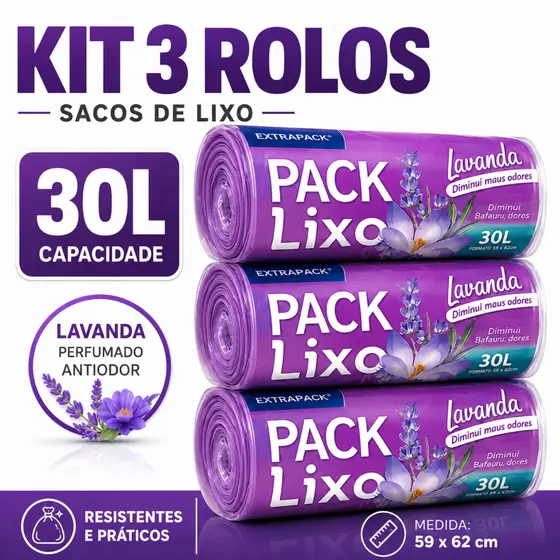 Kit Saco de Lixo 30L Lavanda Perfumado Anti Odor Reforçado 30 Un 59x62 Cozinha Banheiro