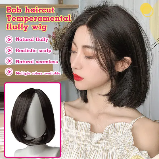 【Ajuste Perfeito】Peruca Feminina Cabelo Curto Estilo Bobo Fibra Sintética Leve Natural