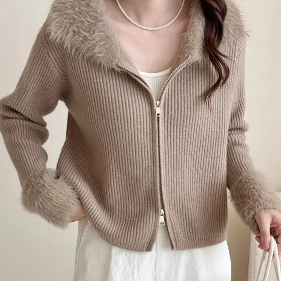 [Estilo Coreano] 【Fuzzy Collar & Sleeves】Suéter Feminino Manga Longa/Gola/Curto Cardigan Casual