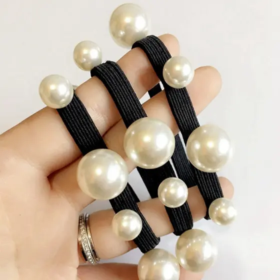 Simples bonito meninas grandes pequenos rebites pérola anel de cabelo corda de cabelo preto gravata rabo de cavalo tranç