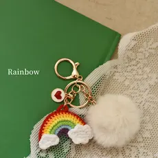 Feito à mão lã crochê produto acabado bola de lã arco-íris carro chaveiro de Metal bonito menina saco de sol pingente