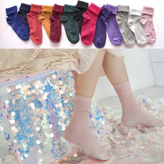 Estilo japonês coreano na moda meias lantejoulas ouro prata fio novo estilo pilha meias femininas moda Mid-Tube meias