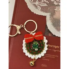 Presente de natal artesanal lã crochê Bowknot carro chaveiro árvore de natal pingente masculino feminino casal saco pend