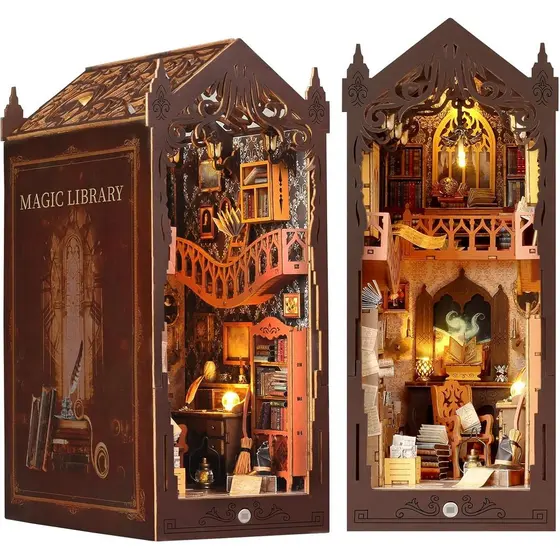 Kit DIY Book Nook - Modelo 3D de Estante com LED - Quebra-Cabeça 3D de Madeira - Conjunto de Casa em Miniatura DIY - Dec