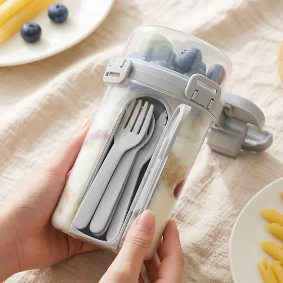 Portátil luz comida dupla camada de plástico salada copo café da manhã frutas lanche fresco-mantendo caixa com garfo sel