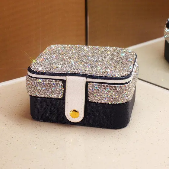 High-end luz luxo diamante caixa de jóias pequeno portátil anel brincos colar jóias mão caixa de armazenamento de jóias