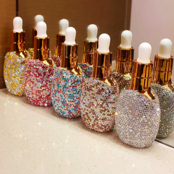 Diamante moda conta-gotas garrafa plana Sub-embalagem essência garrafa líquida garrafa cosmética vidro de óleo e