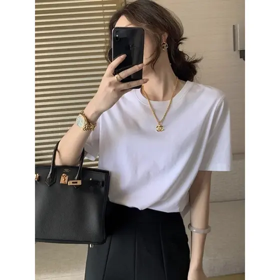 Puro algodão branco versão solta camiseta feminina verão comprimento médio longo algodão de secagem rápida Bottoming cam