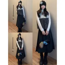 Saia plissada de lã preta feminina outono inverno 2025 novo estilo com suéter saia guarda-chuva comprimento médio cintur
