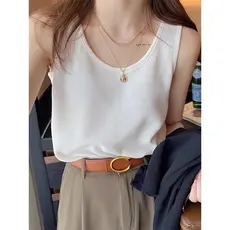 Waffle Bottoming camisola feminina verão alça de ombro larga terno exterior interior sem mangas solto mais magro olhar i