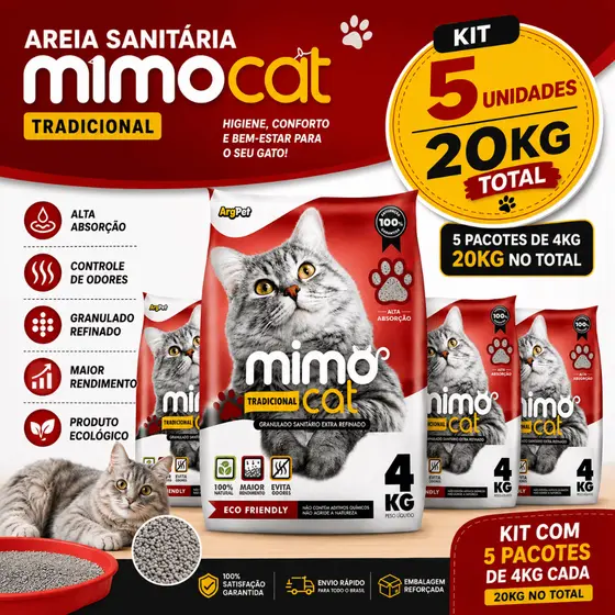 Kit 5 Areia Sanitária Higiênica Argila Natural para Gatos Tradicional 20 kg Mimo Cat