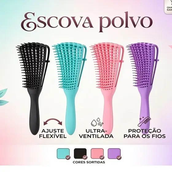 Escova Polvo disponível em Cores Sortidas Para Cabelos Cacheados Desembaraçadora com Pontas Flexíveis