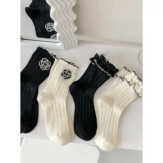 2 pares preto branco jóias flor Mid-Tube meias femininas rendas primavera outono puro algodão estilo moda wazi