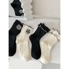 2 pares preto branco jóias flor Mid-Tube meias femininas rendas primavera outono puro algodão estilo moda wazi