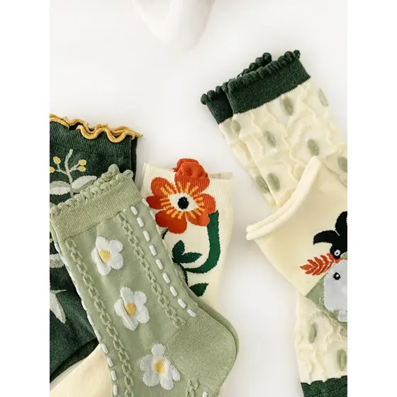 [Pacote de 2 pares] primavera verão novos produtos de algodão puro feminino tubo médio planta série Mori meias femininas