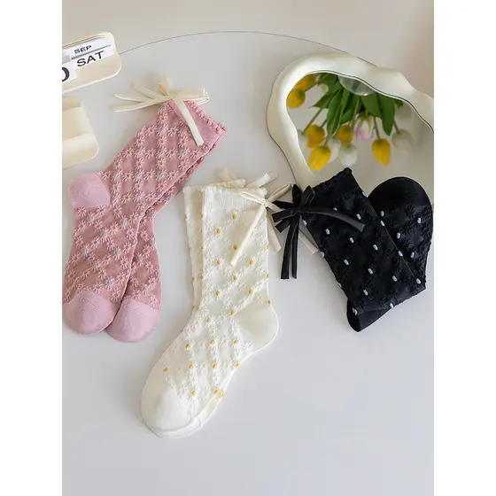 [3 pares] Doce desenho animado acompanhamento quente outono inverno algodão puro pontilhado flor arco pequeno desgaste f