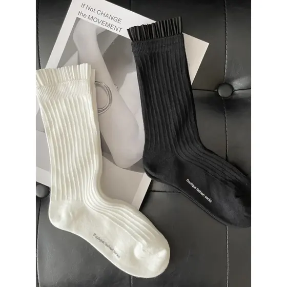 [2 pares] Meias femininas tridimensionais plissadas meias de renda penteado algodão agulha dupla fina listrada meias can