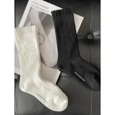 [2 pares] Meias femininas tridimensionais plissadas meias de renda penteado algodão agulha dupla fina listrada meias can
