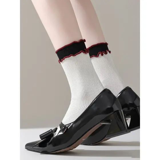 [2 pares] 2025 Novo produto primavera outono renda agulha dupla tubo médio meias femininas algodão puro respirável moda