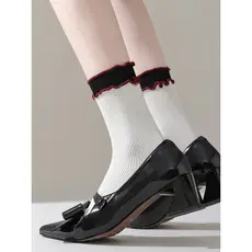[2 pares] 2025 Novo produto primavera outono renda agulha dupla tubo médio meias femininas algodão puro respirável moda