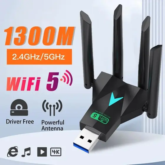 Adaptador USB WiFi De Banda Dupla 1300Mbps 2.4G 5GHz Placa De Rede Sem Fio Wi-Fi Dongle Receptor Win7/10/11 Driver Free