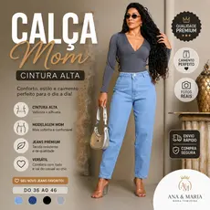 Calça Jeans Mom Feminina Cintura Alta Modelagem Confortável elegante soltinha