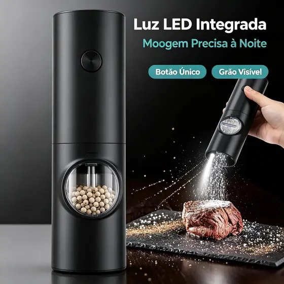 Moedor Elétrico Automático de Sal e Pimenta com Luz LED, Ajuste de Moagem e Visor Transparente para Temperos