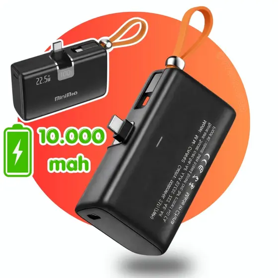 Mini Power Bank 10000mAh 2 Saídas Tipo-C/Lightning