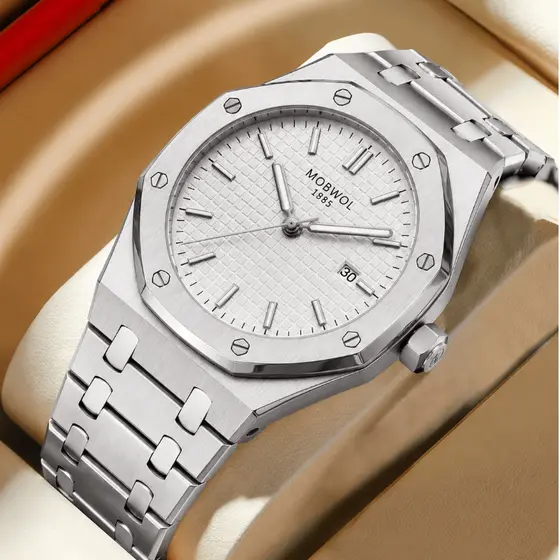 Relógio Masculino MOBWOL Quadrado Prateado Aço Inox Quartzo Calendário Luminoso Social Clássico Resistente à Água
