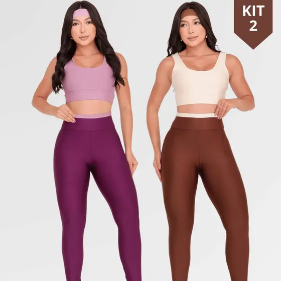 Kit 2 Conjuntos Roupa de Academia Feminina Fitness Bicolor Top Refor莽ado e Cal莽a Legging
