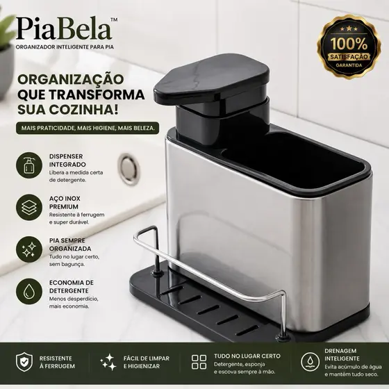 Organizador de Pia em Aço Inox com Dispenser de Detergente e Porta Esponja PiaBela™ porta detergente porta esponja