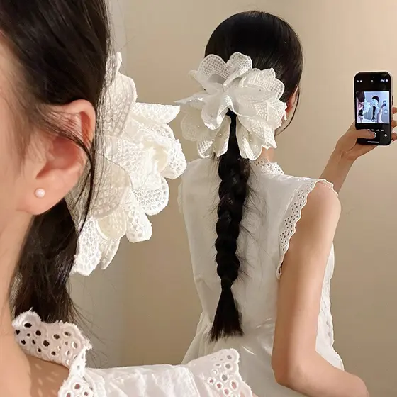 Presilha de cabelo feminina super delicada com renda branca e flor de pérola, presilha de rabo de cavalo baixo, presilha
