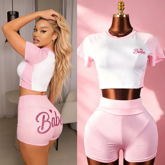 Conjunto de Moda Feminino com Estampa Brilhante e Blocos de Cor, Camiseta de Manga Curta e Shorts