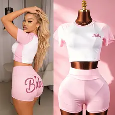 Conjunto de Moda Feminino com Estampa Brilhante e Blocos de Cor, Camiseta de Manga Curta e Shorts