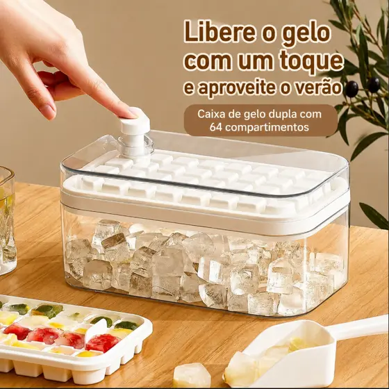 Forma de Gelo 64 Cubos com Caixa | Dupla Camada, Desenforme Fácil, Tampa Vedada e Grande Capacidade