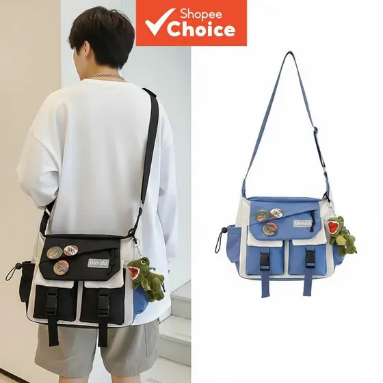 Bolsa transversal estilo japonês com grande capacidade, bolsa casual de lona adequada para homens e estudantes.