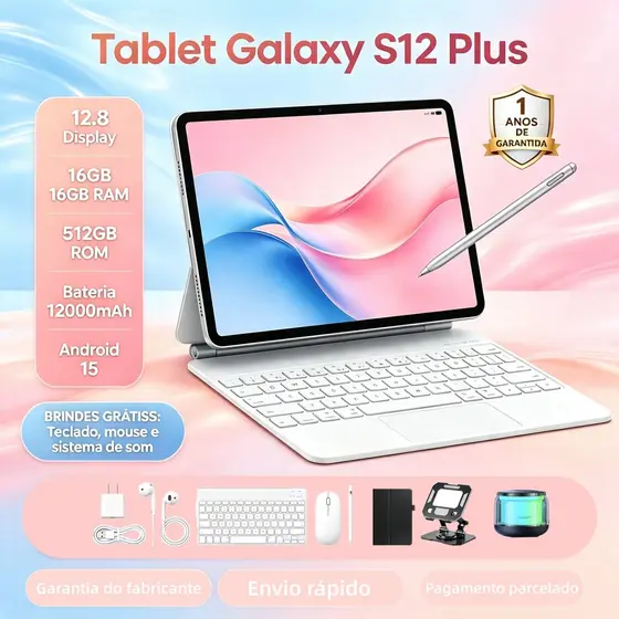 【Teclado e mouse gratuitos】Tablet S12 Plus 12,8 polegadas HD 16 GB + 512 GB 12.000 mAh 5G wifi