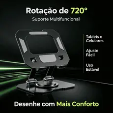 O suporte para tablet pode ser girado em 720 graus e é fixado por imã para maior estabilidade