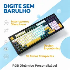 Teclado ABNT2 99 Teclas PBT RGB Silencioso Uso Diário Jogos Escritório Design Ergonômico Teclado Gamer Teclas PBT