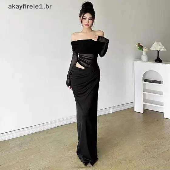 akayfirele1 Vestido Feminino Francês Estilo Malha Emenda De Um Ombro Longo Oco