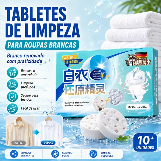 Pastilha Efervescente Limpa Roupa Branca Tira Manchas Clareadora Anti Amarelado para Camisa Tecido